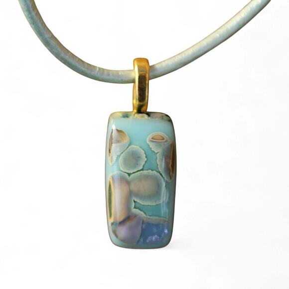 Aqua teal rectangular pendant with gold accents on leather metallic round cord. - Picture 2 of 7